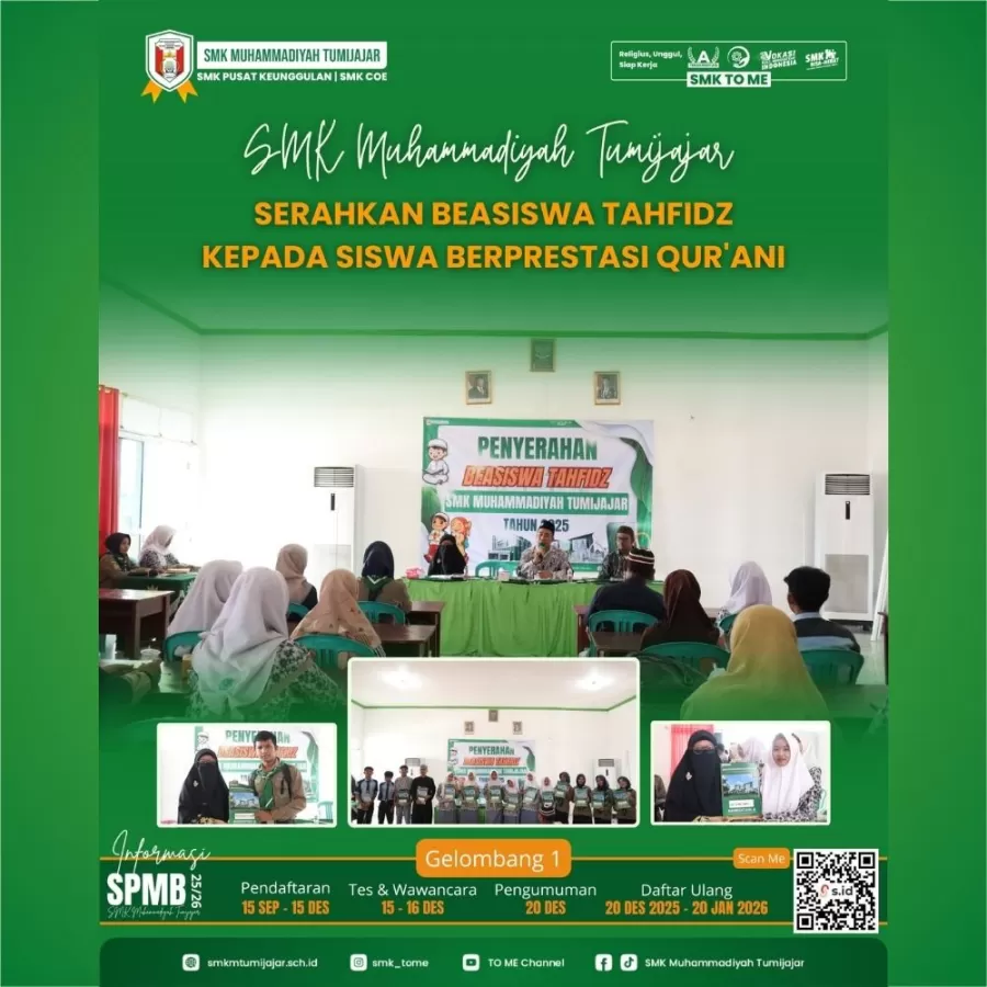 SMK MUHAMMADIYAH TUMIJAJAR SERAHKAN BEASISWA TAHFIDZ KEPADA SISWA BERPRESTASI QURANI