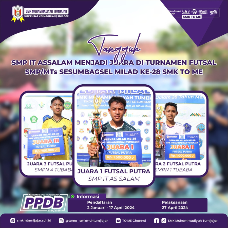 TANGGUH! SMP IT ASSALAM MENJADI JUARA DI TURNAMEN FUTSAL SMP/MTs SESUMBAGSEL MILAD KE-28 SMK TO ME
