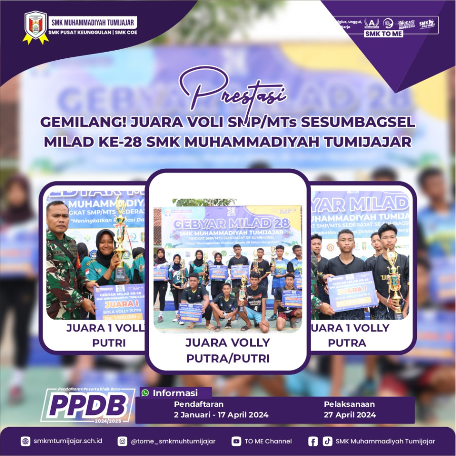 PRESTASI GEMILANG! JUARA VOLI SMP/MTs SESUMBAGSEL MILAD KE-28 SMK MUHAMMADIYAH TUMIJAJAR