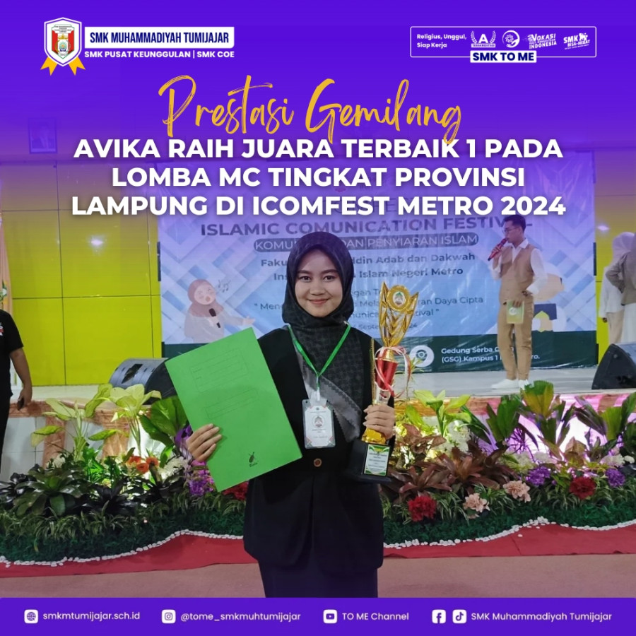 AVIKA RAIH JUARA TERBAIK 1 PADA LOMBA MC TINGKAT PROVINSI LAMPUNG DI ICOMFEST METRO 2024