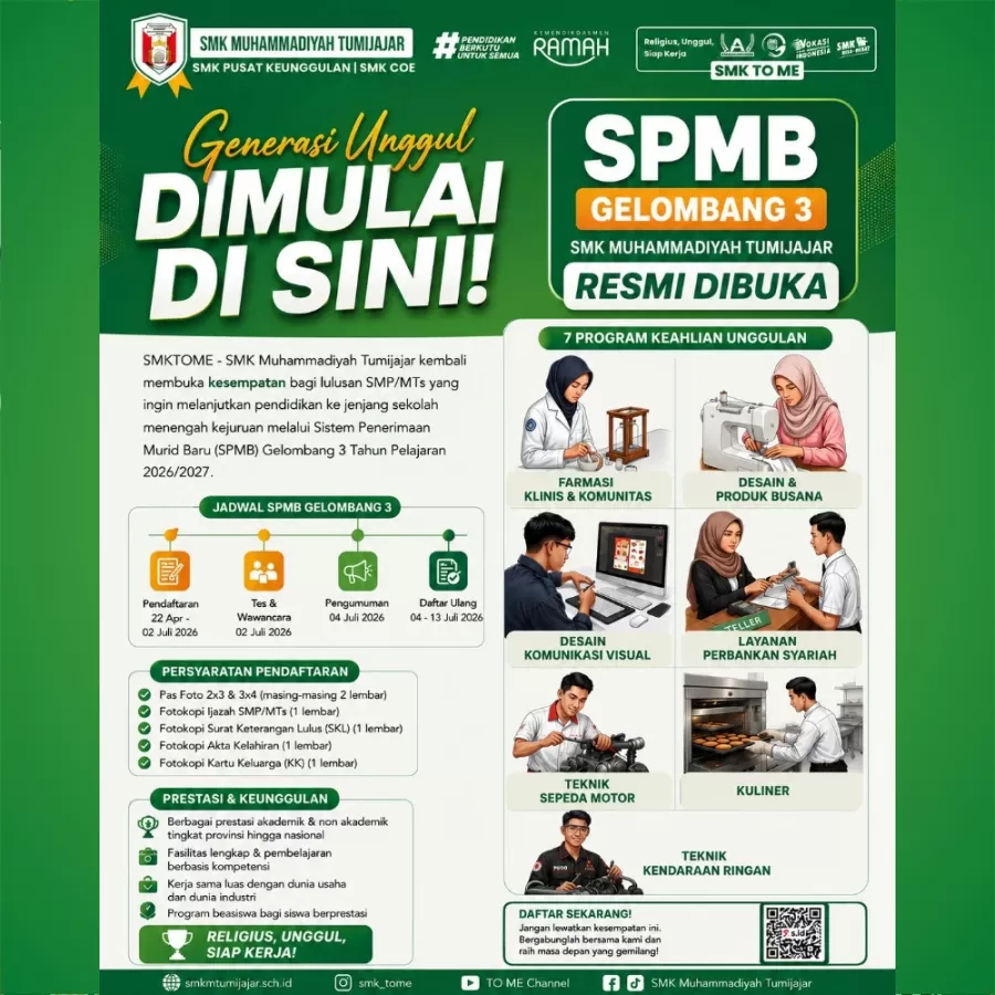 Generasi Unggul Dimulai di Sini! SPMB Gelombang 3 SMK Muhammadiyah Tumijajar Resmi Dibuka